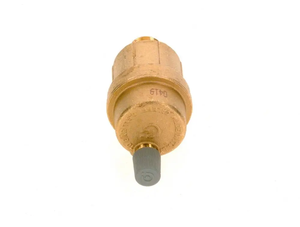 Bosch-Entlüfter aus Messing mit einem Drehknopf zur Einstellung, ausgestattet mit zwei Anschlüssen für die Druckregelung, Hintergrund in neutralem Farbton.